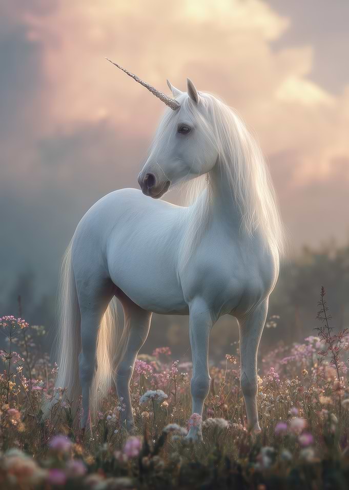 Majestic White Unicorn in a Floral Meadow