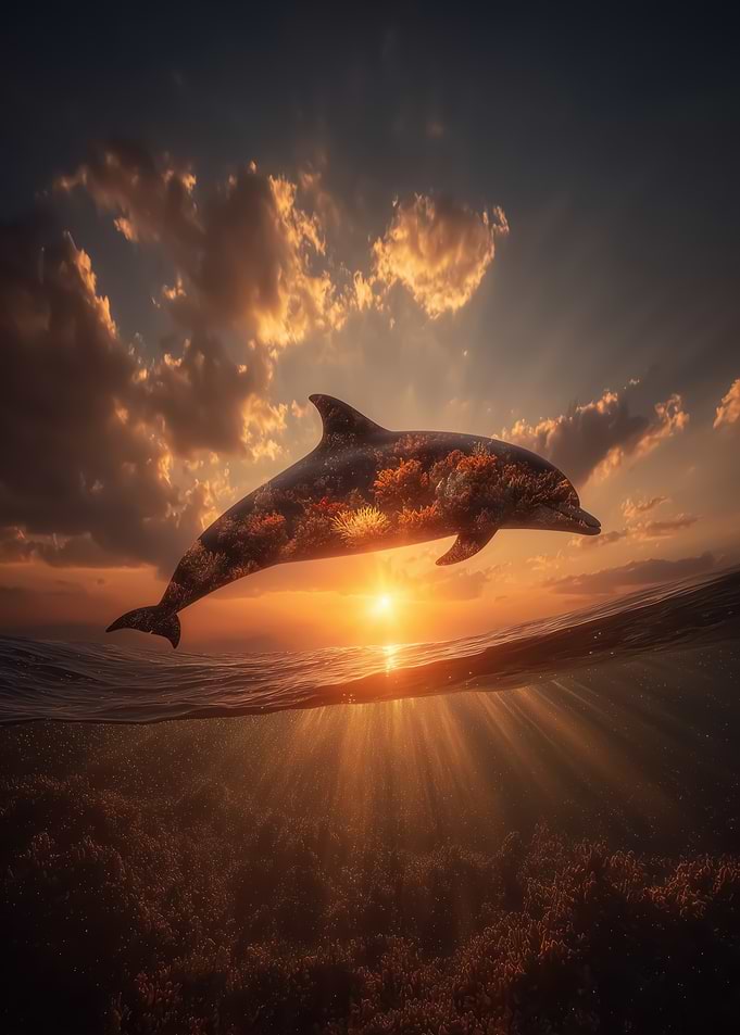 Dolphin jumping at sunset