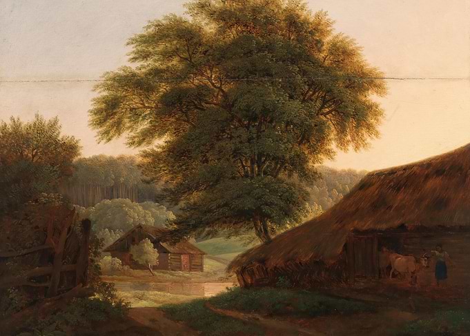 Pastoral Farm Scene with Thatched Roof Barn