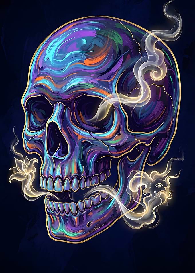 Colorful Skull with Smoke and Flowers