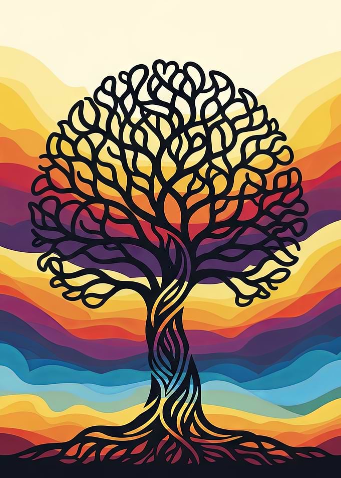 Stylized Tree of Life with Rainbow Background