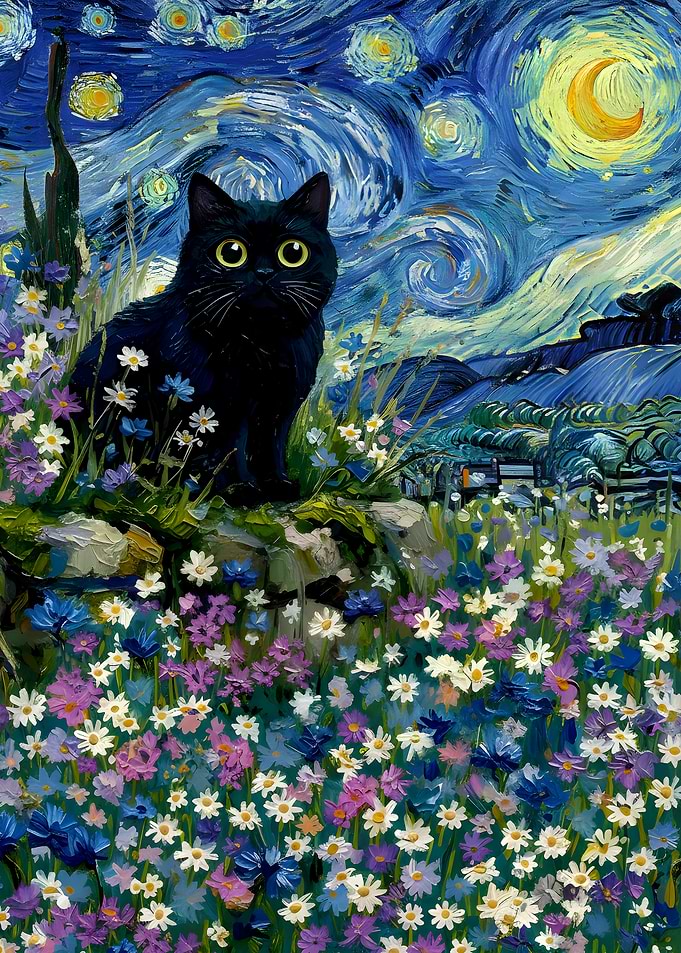 Black Cat in Starry Night Garden