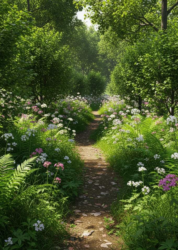 Enchanting Forest Path with Wildflowers