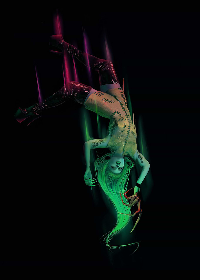 Gothic character with green hair and claws