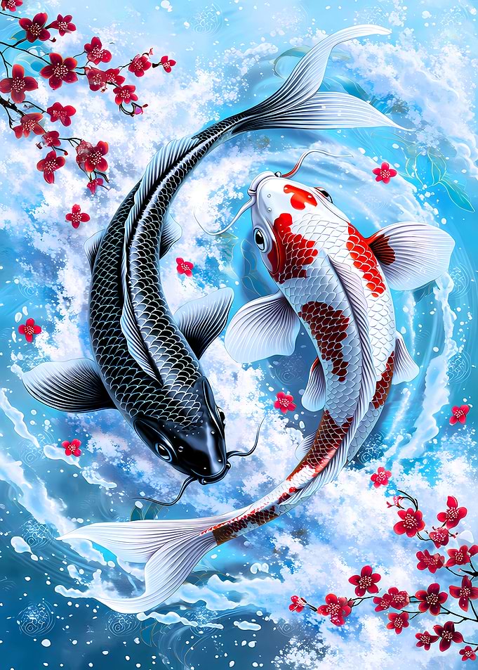 Yin Yang Koi Fish with Flowers