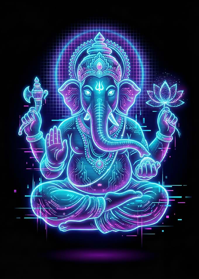 Neon Lord Ganesha Sacred Geometry Spiritual Art