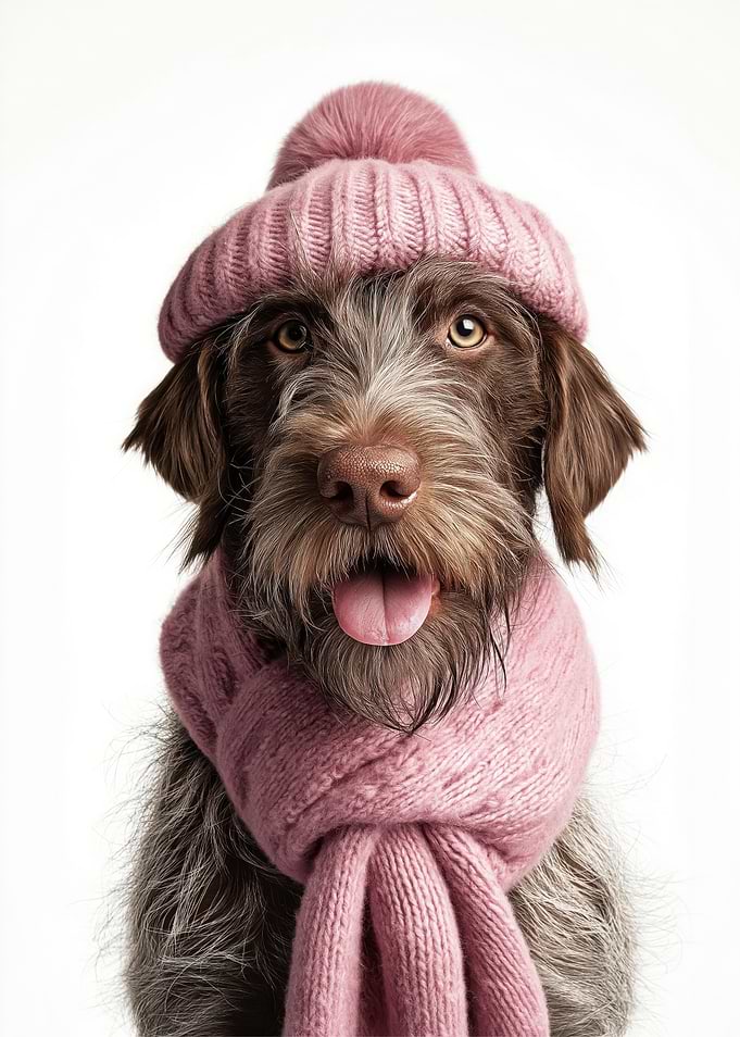 Cozy Wirehaired Pointing Griffon Dog in Winter Hat and Scarf