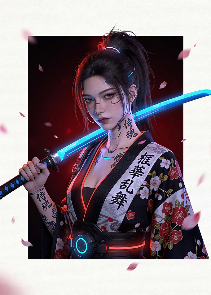 Cyberpunk Samurai Woman with Glowing Sword
