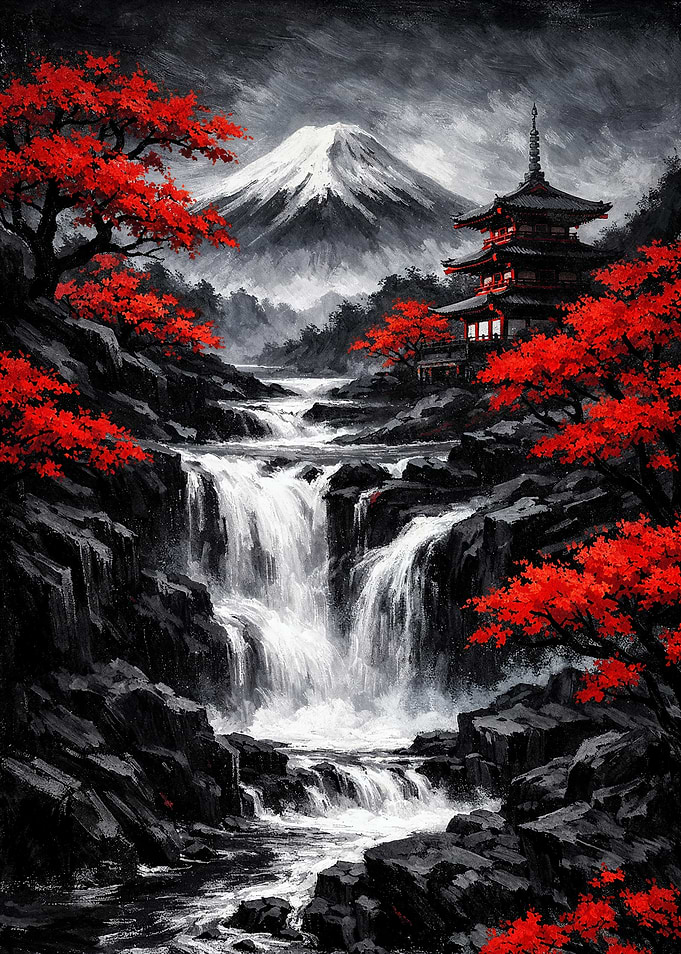 Red and Black Cherry Trees Mount Fuji
