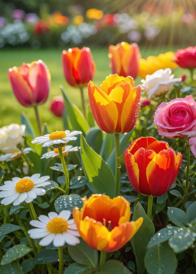 Dew-Kissed Tulips and Daisies in Sunlight