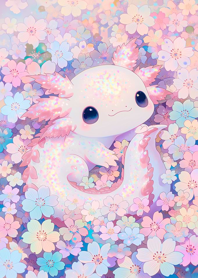Cute Axolotl Among Flowers