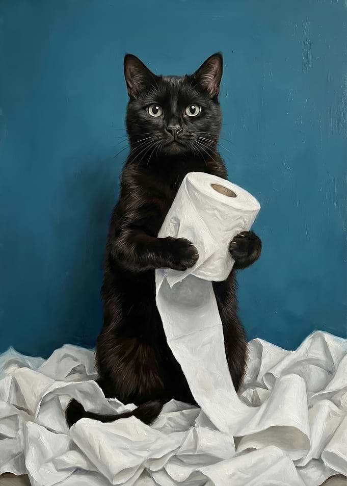 Black cat with toilet paper