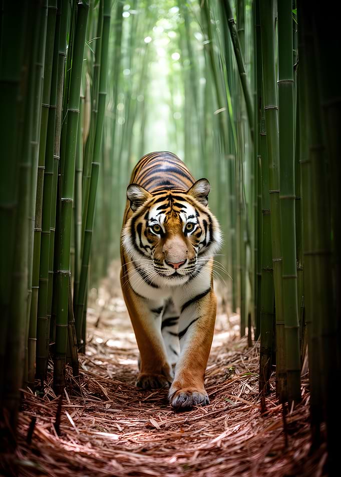 Tiger walking through bamboo forest