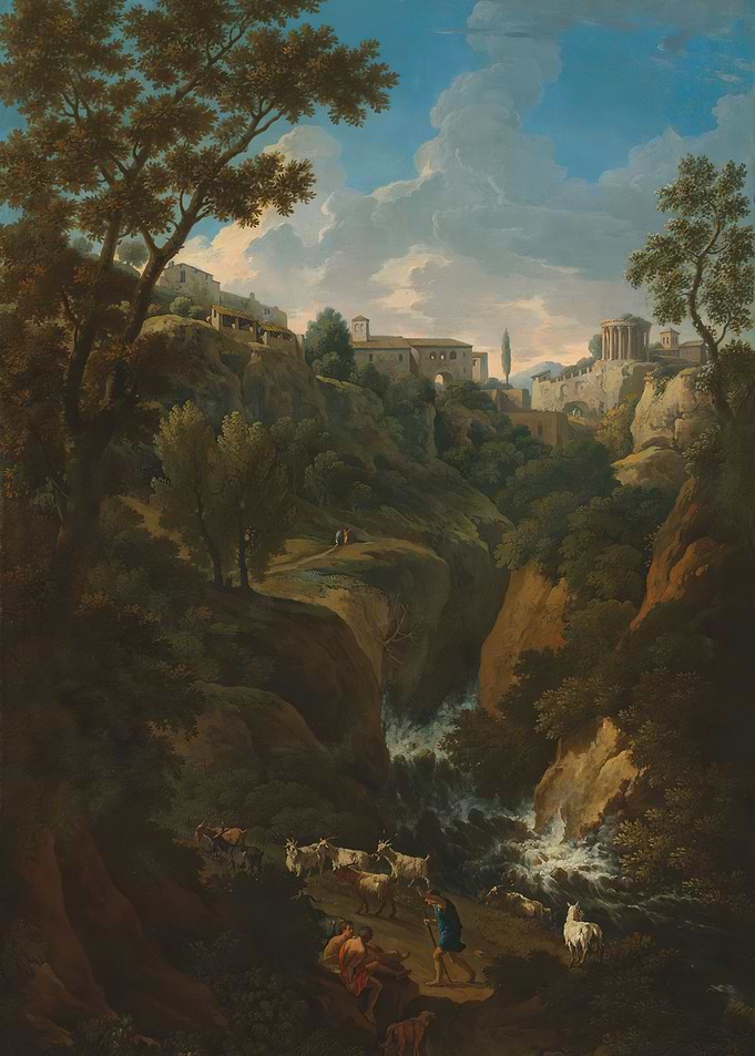 Pastoral Landscape with Waterfall and Ancient Ruins
