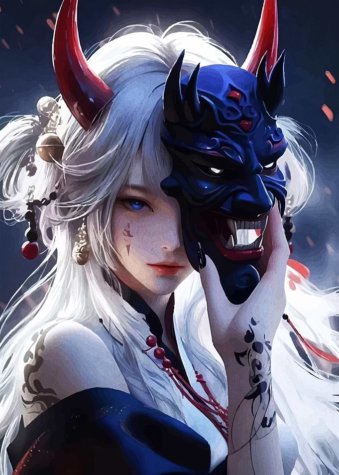 Woman with Oni Mask and Horns