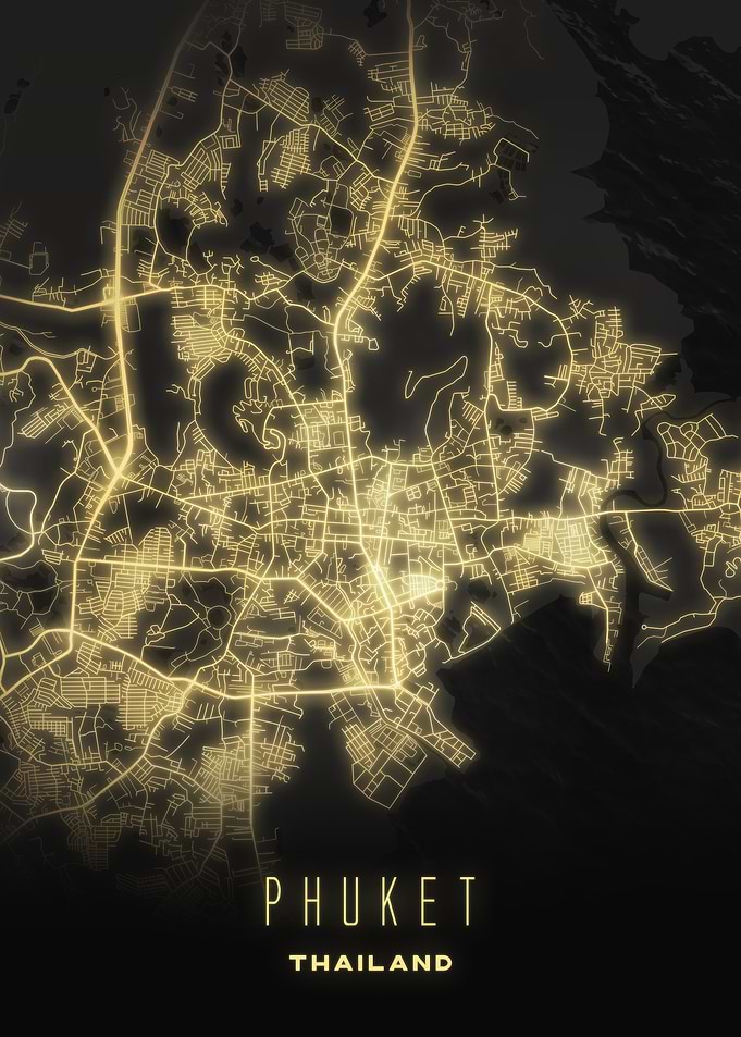 Phuket, Thailand - Luminous City Streets Map Poster, Modern Wall Art