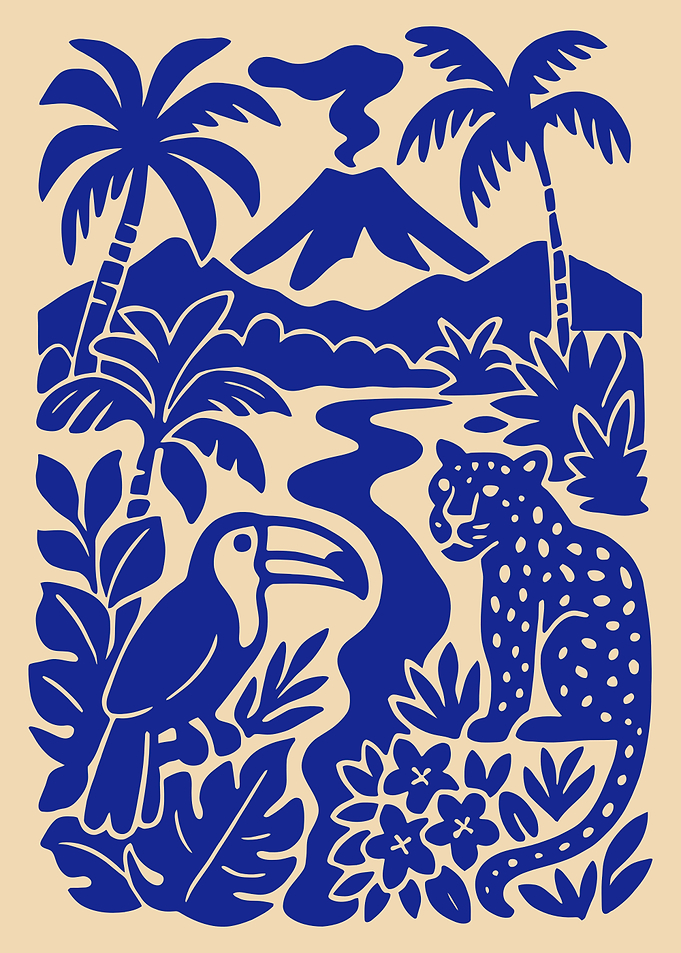 Jungle Scene with Volcano and Animals