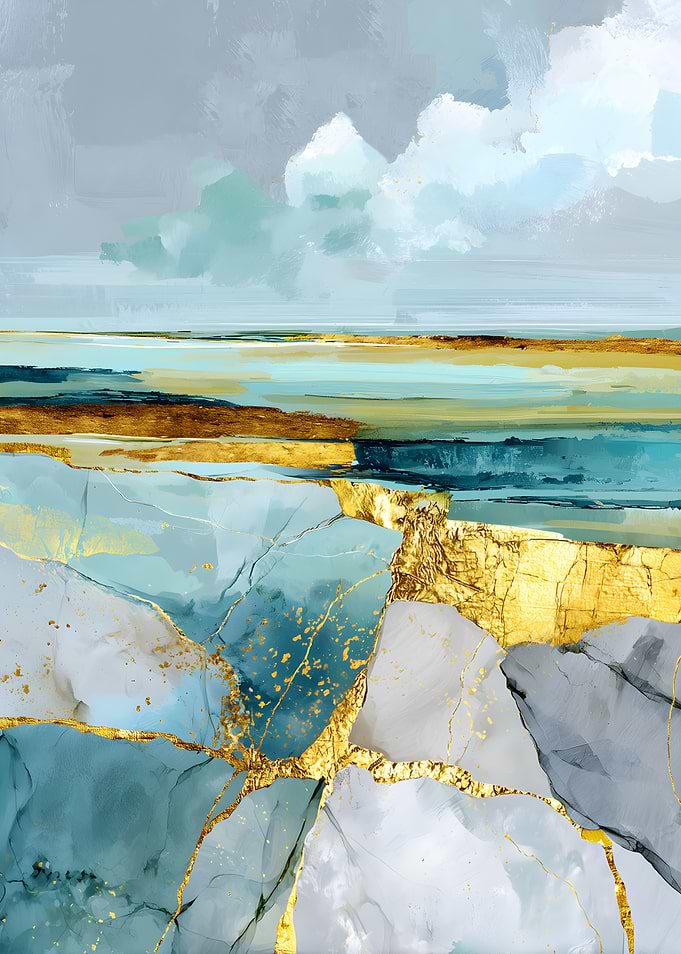 Abstract Coastal Landscape with Gold Veins
