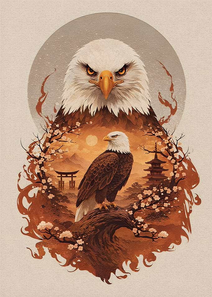Eagle with Japanese Landscape