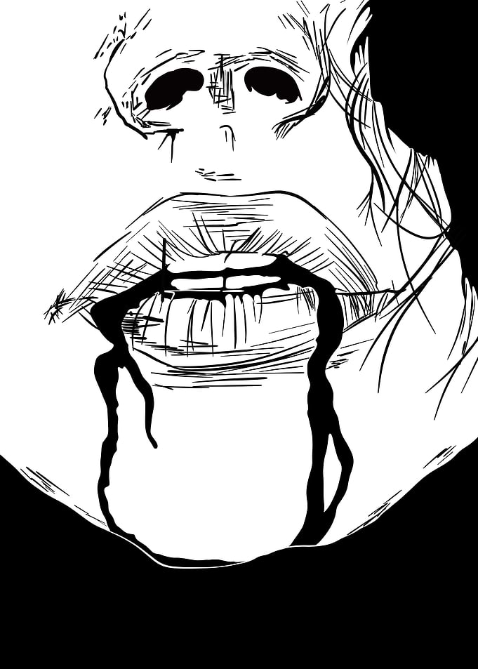 Close-up of a mouth with dripping black liquid