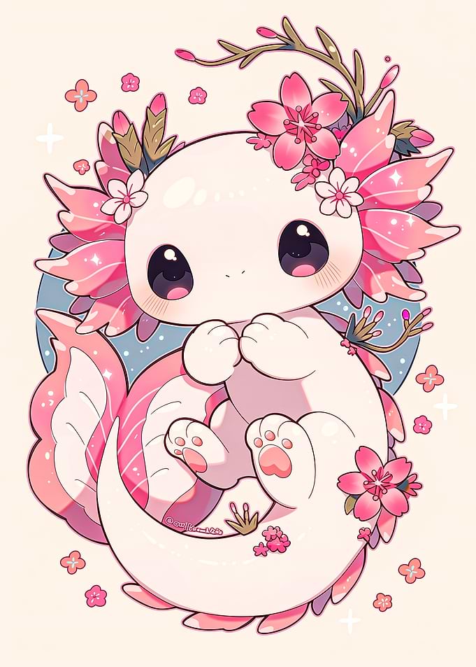 Cute Axolotl with Flowers