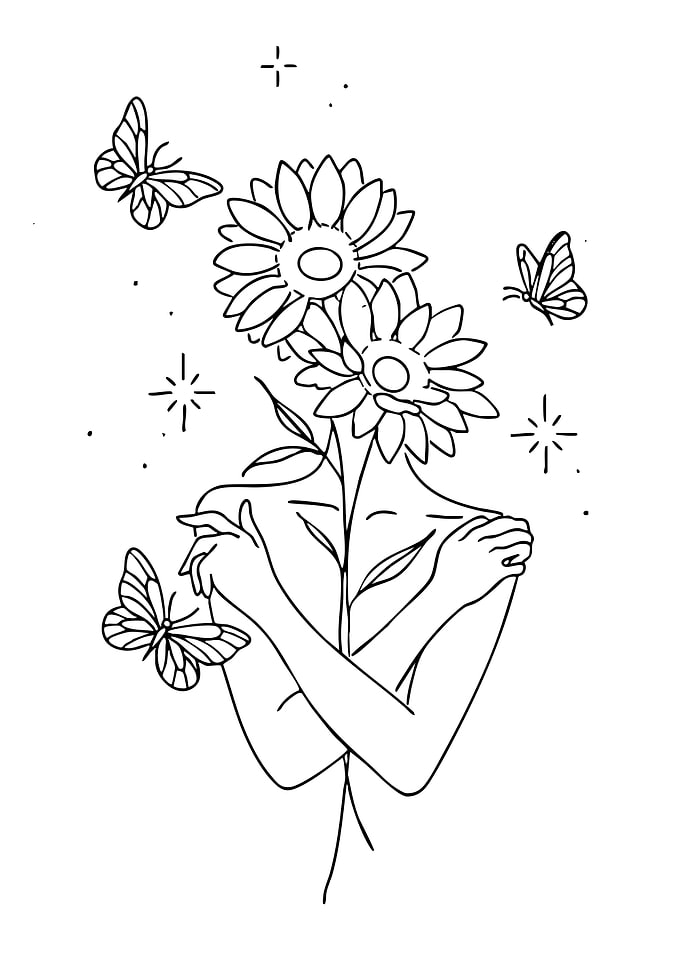 Woman with Flowers and Butterflies