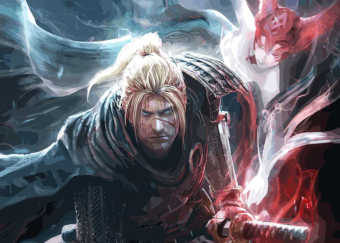 Warrior with glowing sword and dragon spirit