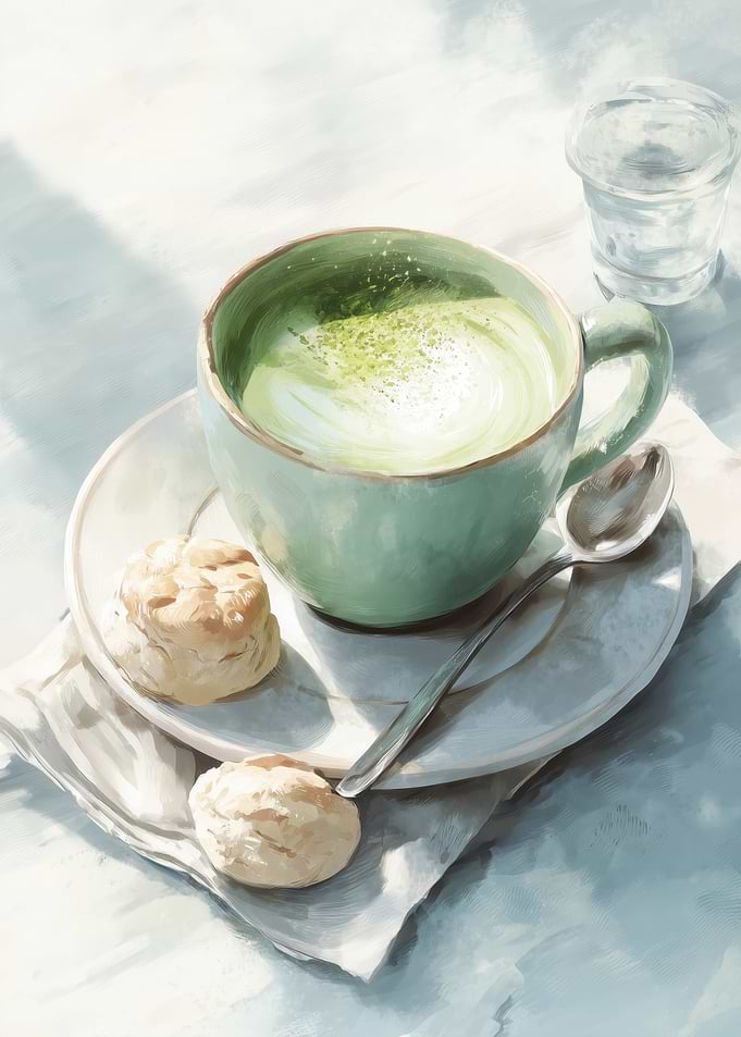Matcha latte with scones and water