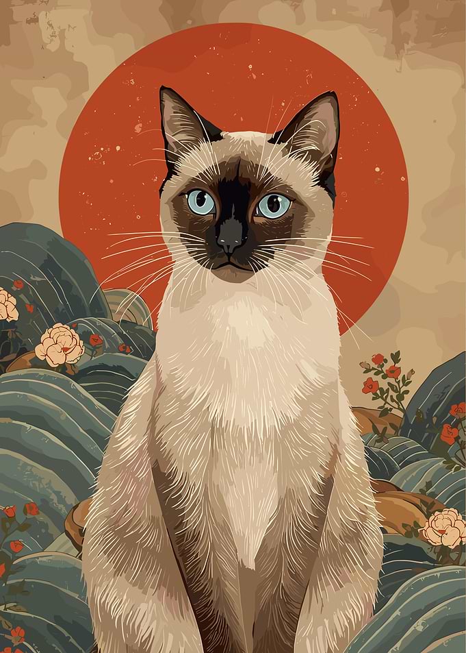 Siamese Cat with Japanese Landscape