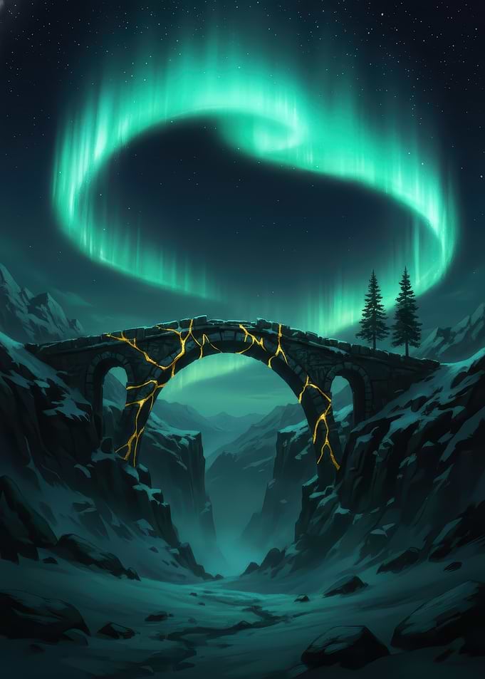 Aurora Borealis Over Ancient Bridge