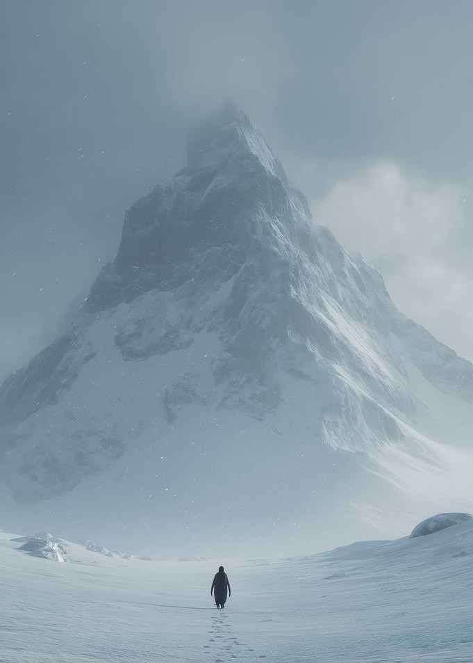 Penguin Walking Towards Mountain