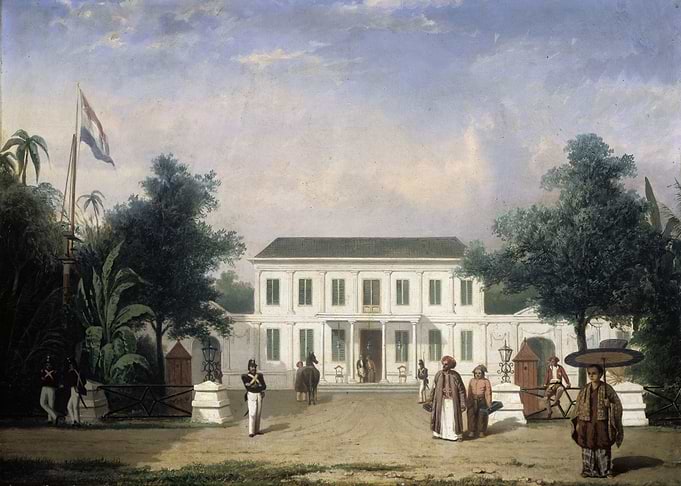 Colonial Residence with Figures and Flag