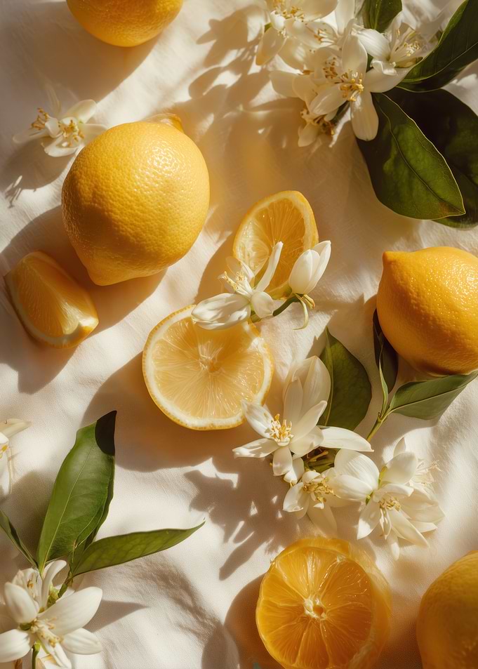 Lemons and Blossoms on White Fabric