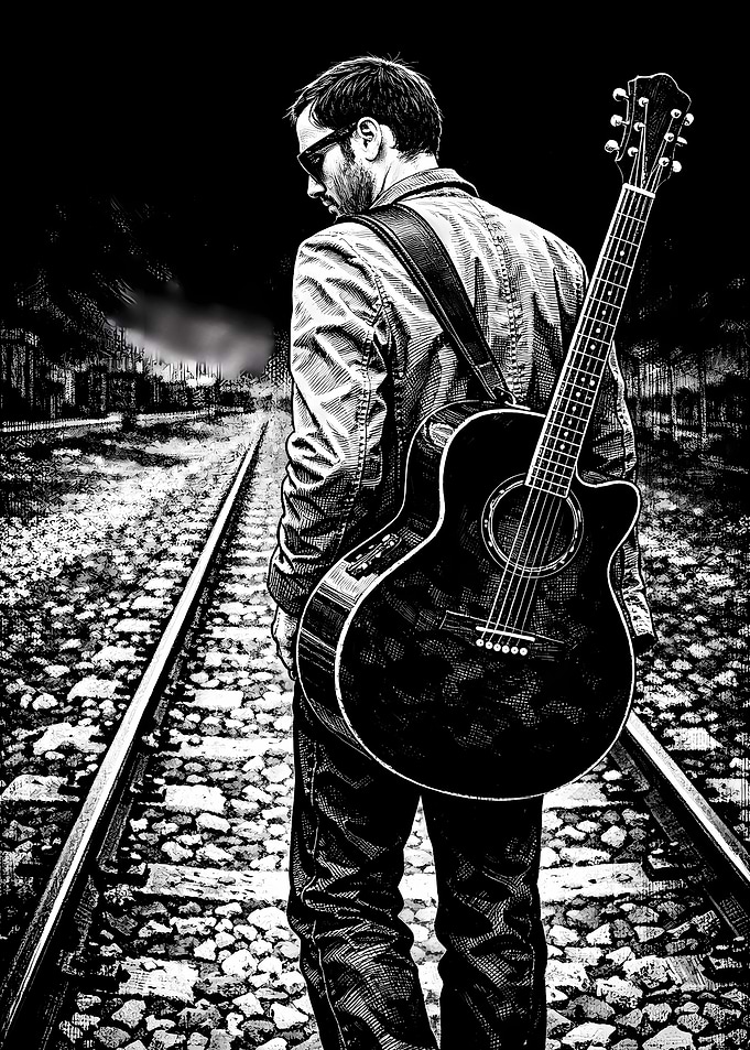 Man with guitar on train tracks