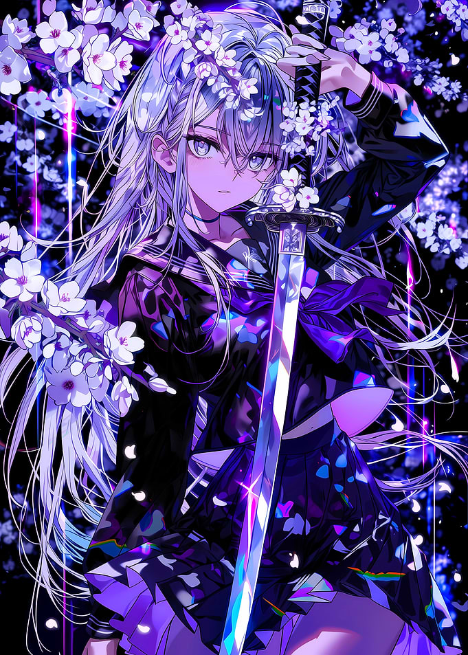 Anime Girl with Sword and Cherry Blossoms