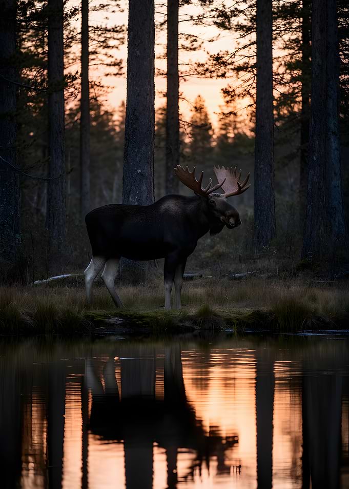 Moose by a lake at sunset