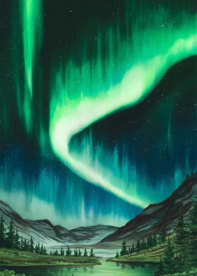 Aurora Borealis Over Mountains and Lake