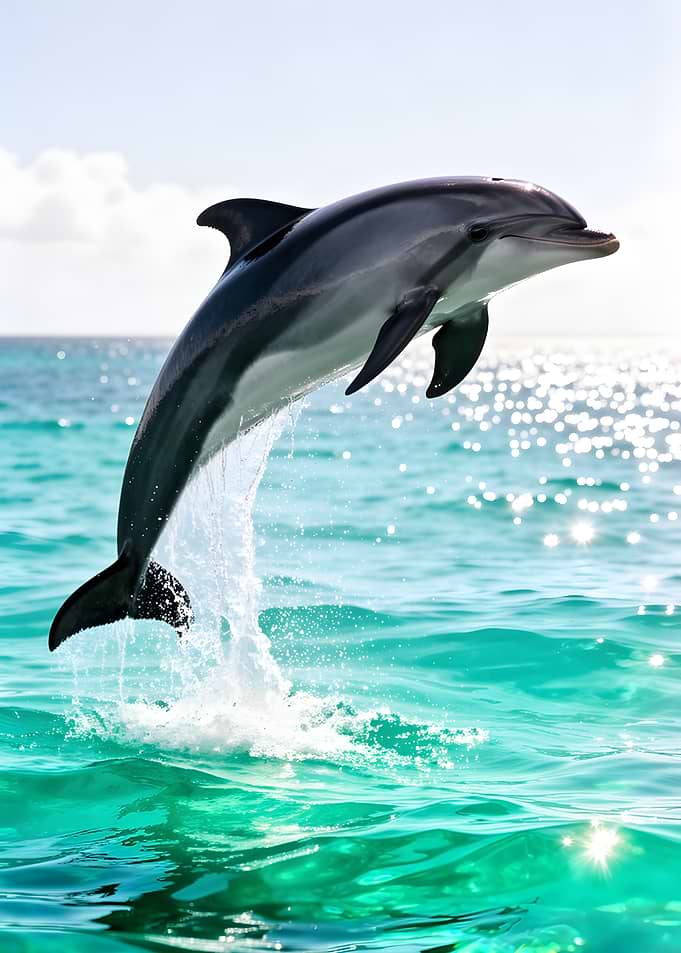 Dolphin leaping from turquoise water
