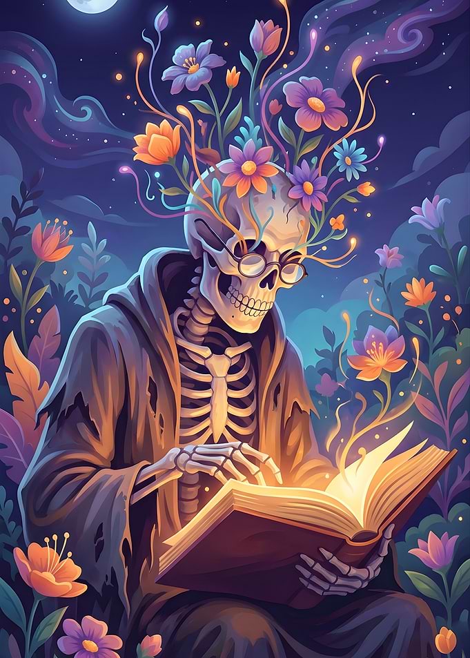 Skeleton Reading a Magical Book