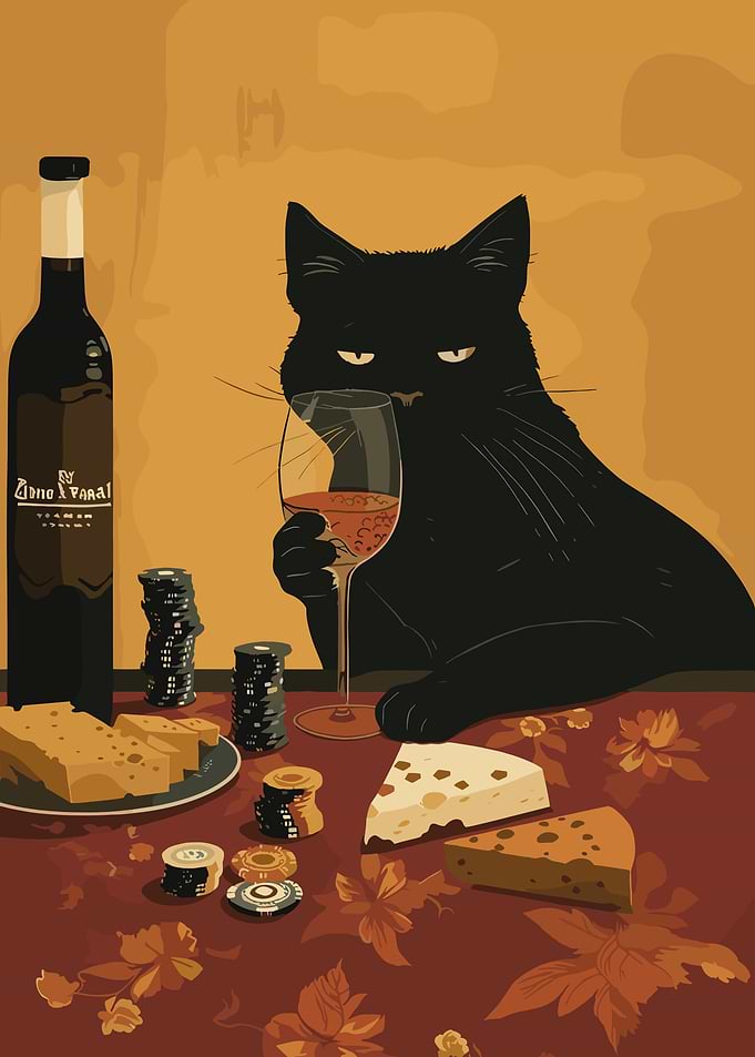 Black Cat with Wine and Cheese