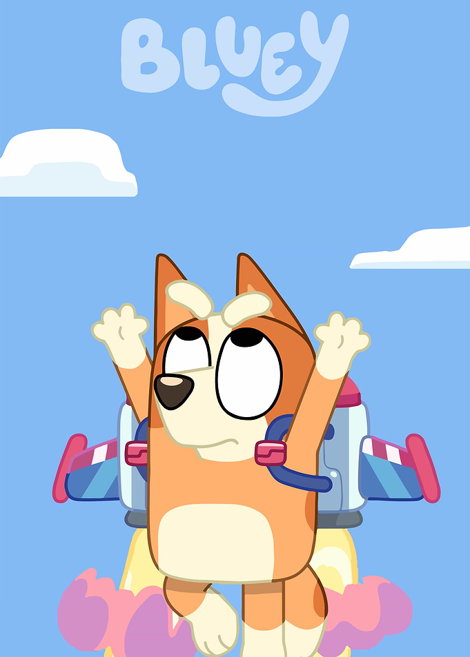 Bluey flying with jetpack