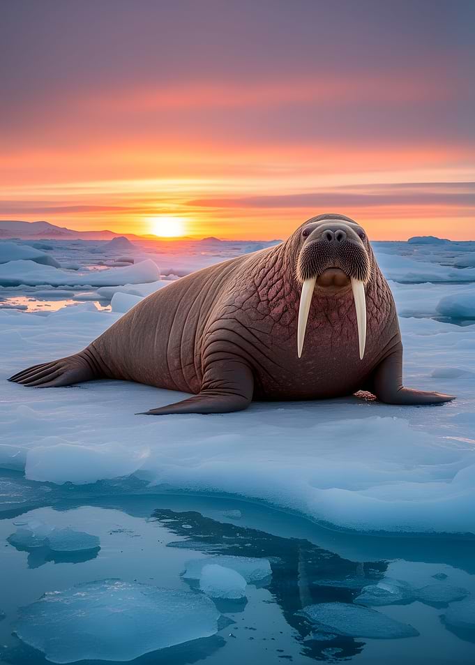 Walrus on Ice Floe at Sunset