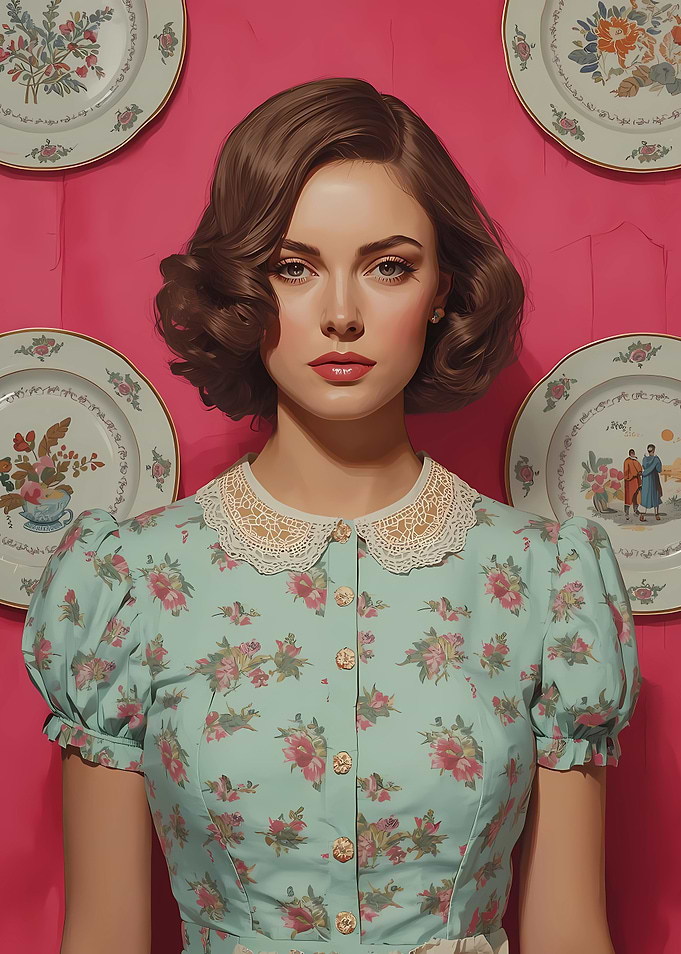 Woman in floral dress with vintage plates