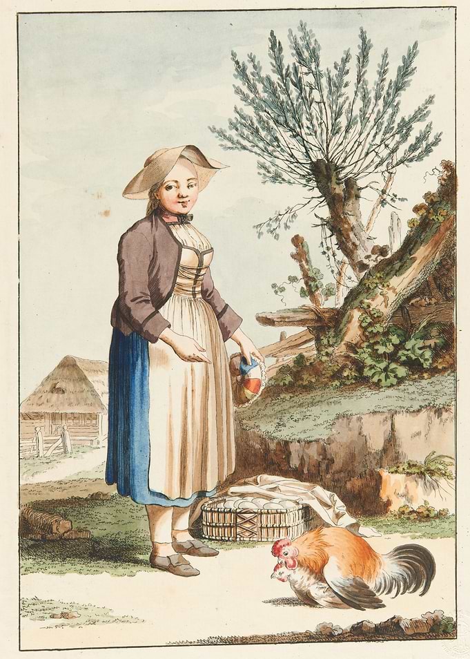Woman with basket and rooster