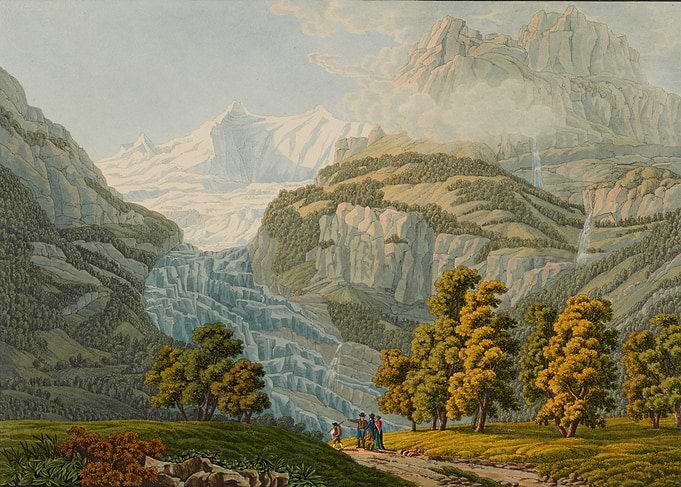 Alpine Waterfall Landscape with Hikers