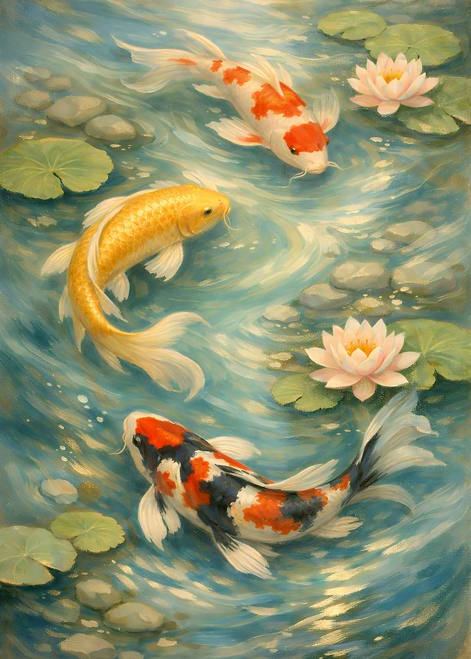 Koi Fish and Water Lilies Painting