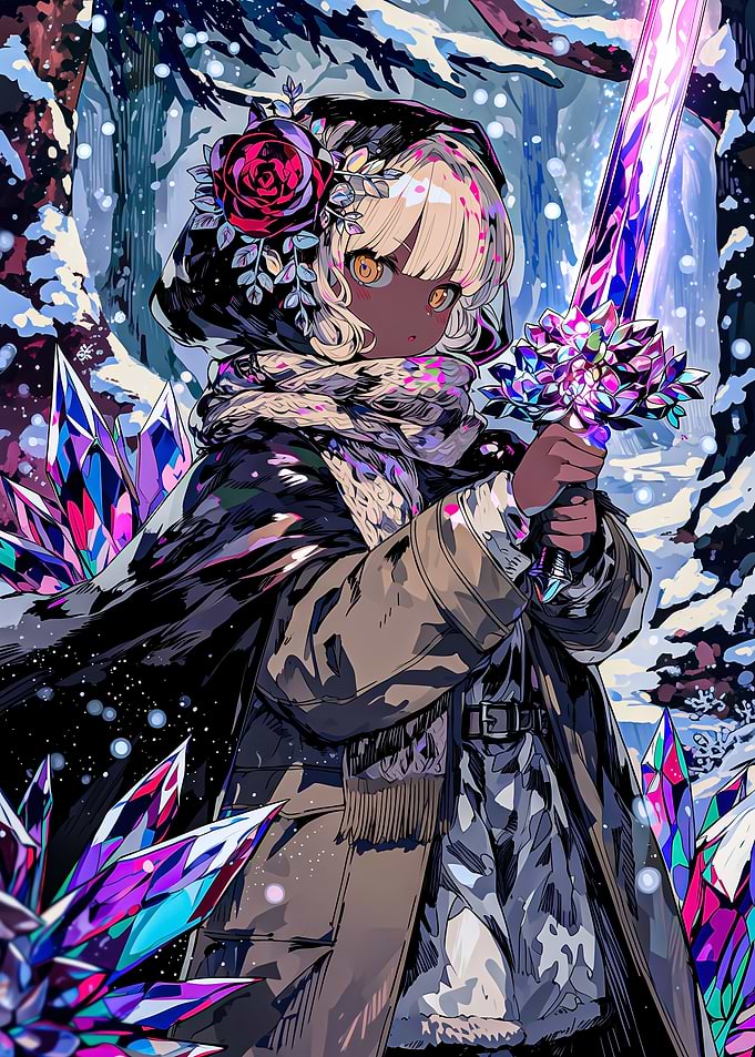 Anime Girl with Crystal Sword in Winter Forest