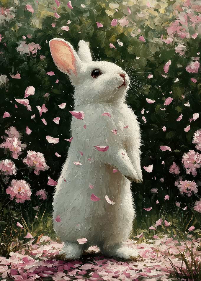 White Rabbit in a Field of Pink Flowers