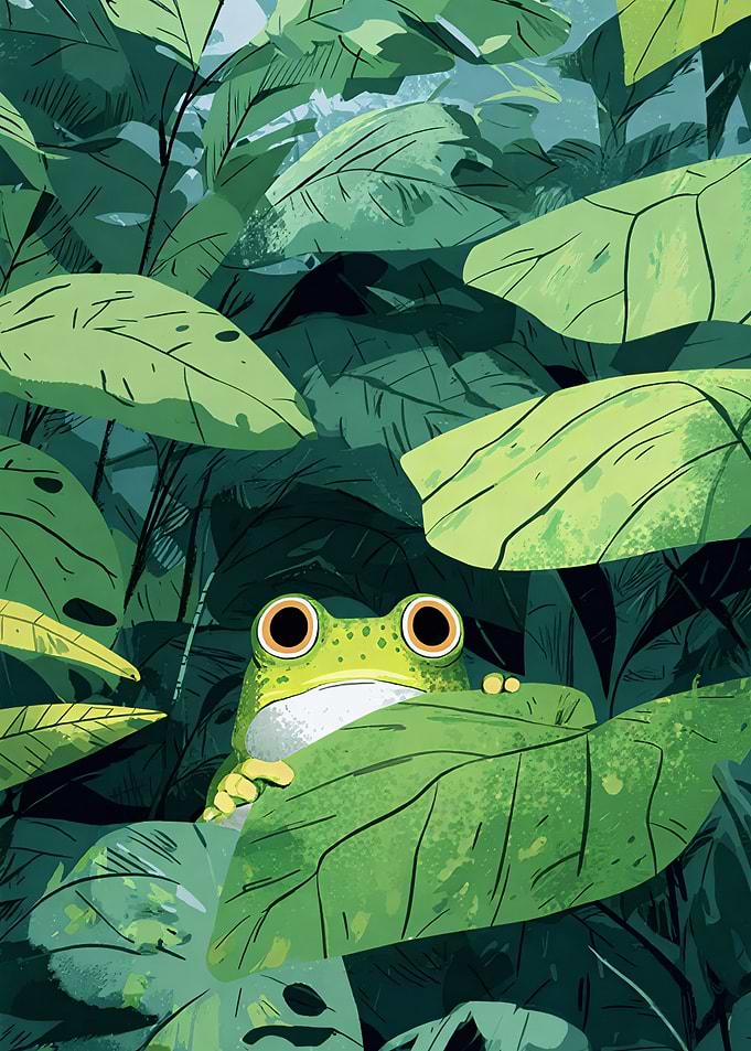 Frog Peeking Through Lush Green Leaves