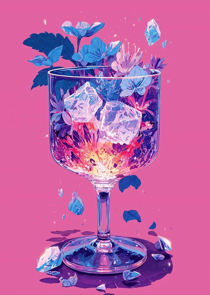 Floral Cocktail with Ice and Crystals